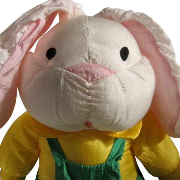 Vintage 80s Parachute Nylon Plush Bunny in Overalls International Silver EASTER - Picture 2 of 3